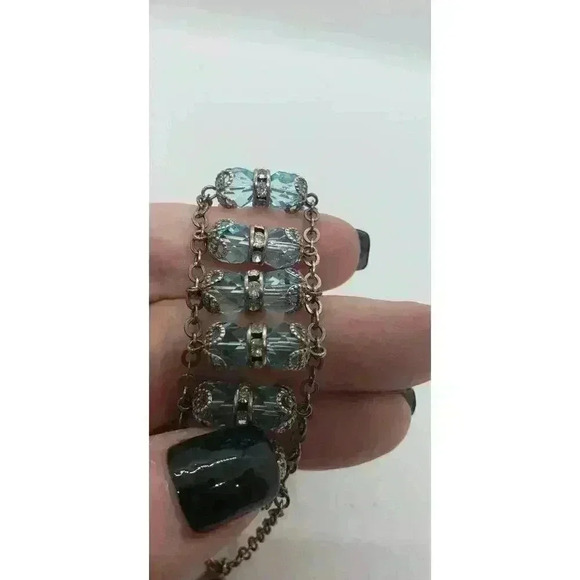 Vintage Ladder Bracelet 925 Sterling Silver Blue Crystal Clear Rhinestone Wide - Picture 5 of 12